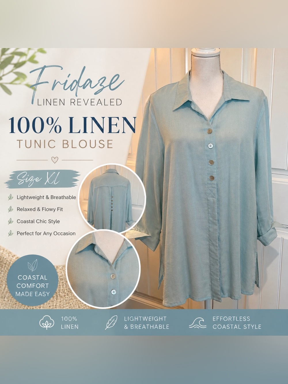 Fridaze Linen Revealed 100% Linen Button Front Blouse XL Light Blue Coastal